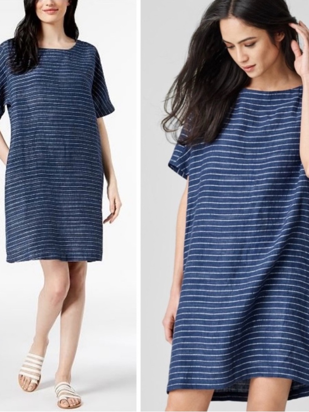 Eileen Fisher Organic Linen Tunic Delave Dress in Blue Stripe